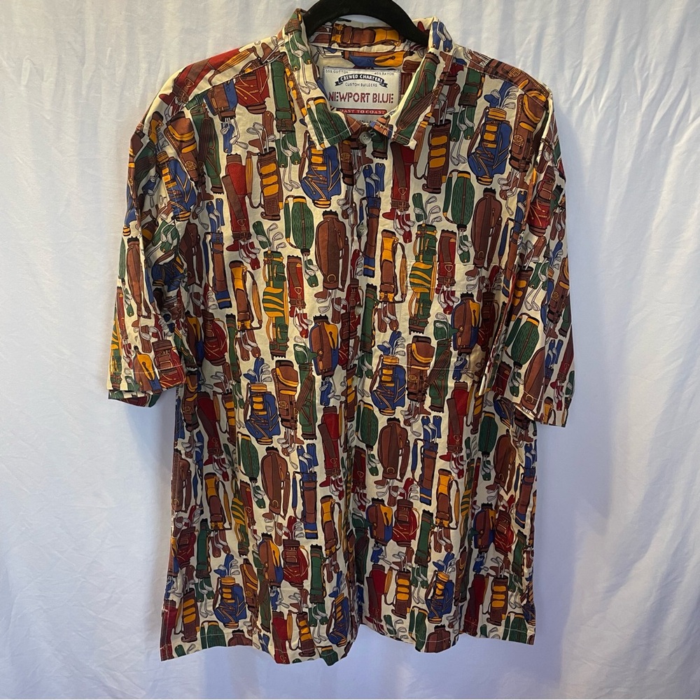 Vintage Newport Blue Golf‎ Clubs Bags Novelty Print Button Shirt Large Dad Bold